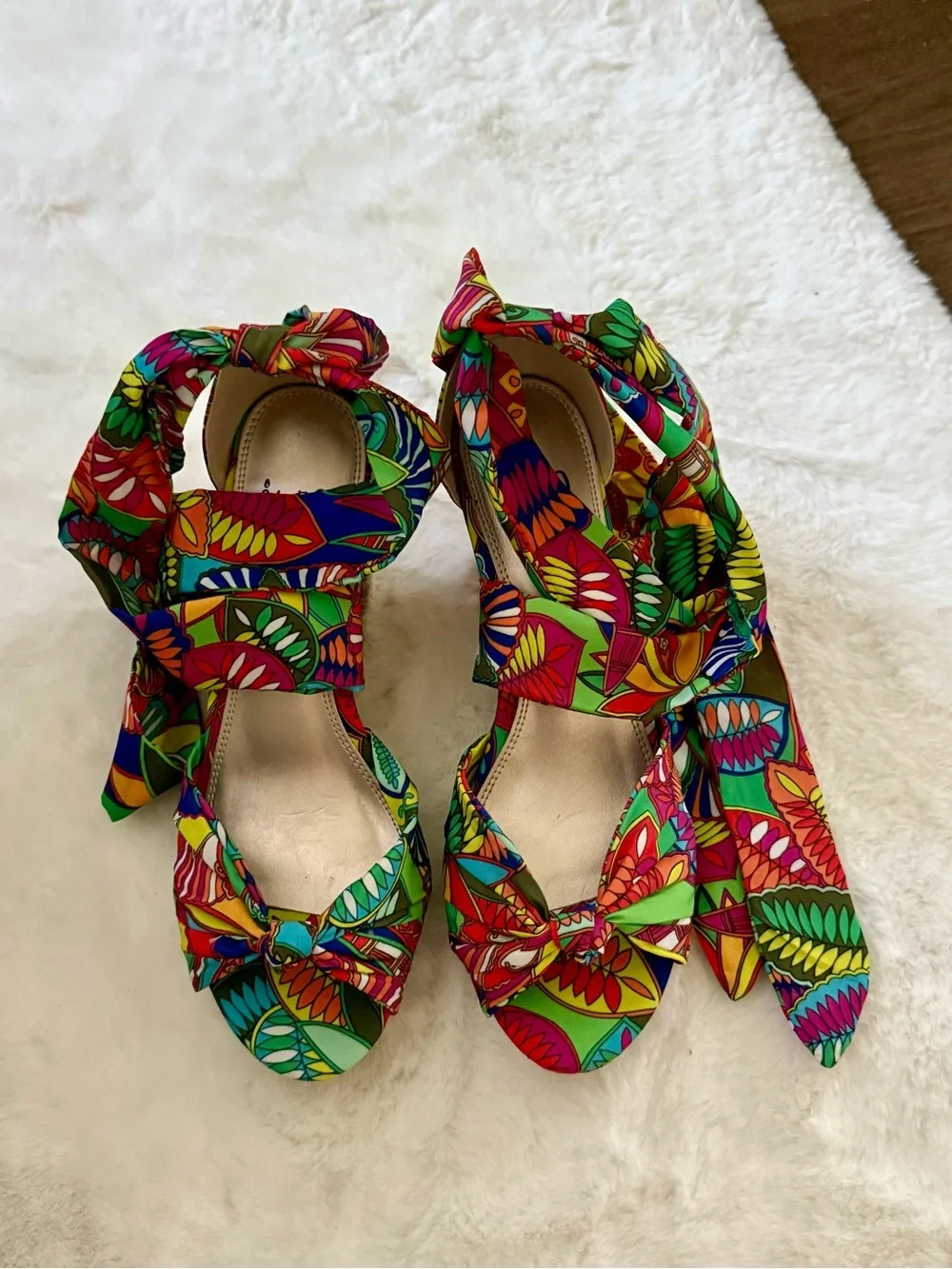 Colorful Tie-Wrap Cork Wedge Sandals - Women's Green Multicolor